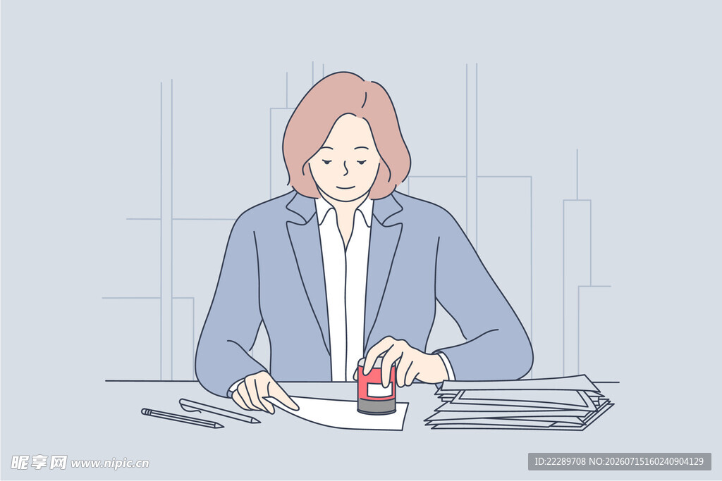 女职员盖章办公场景