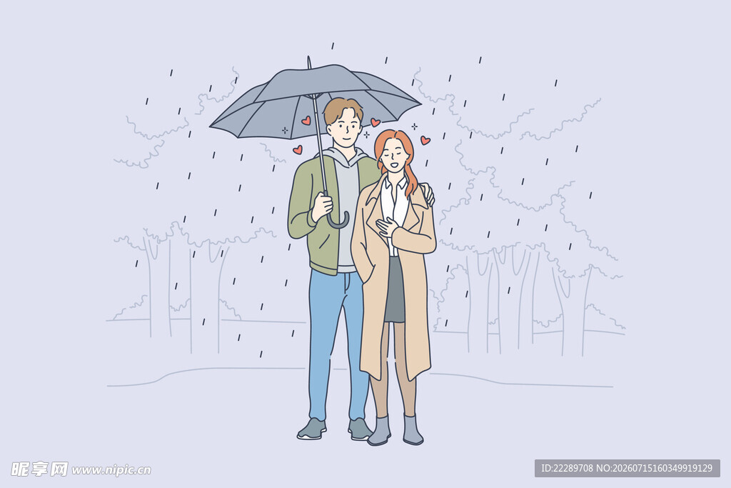 雨中情侣撑伞漫步