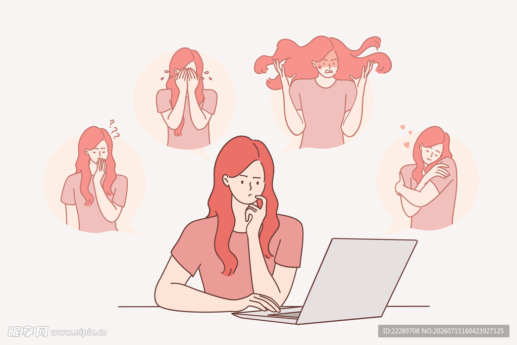 女孩用电脑时的多样情绪