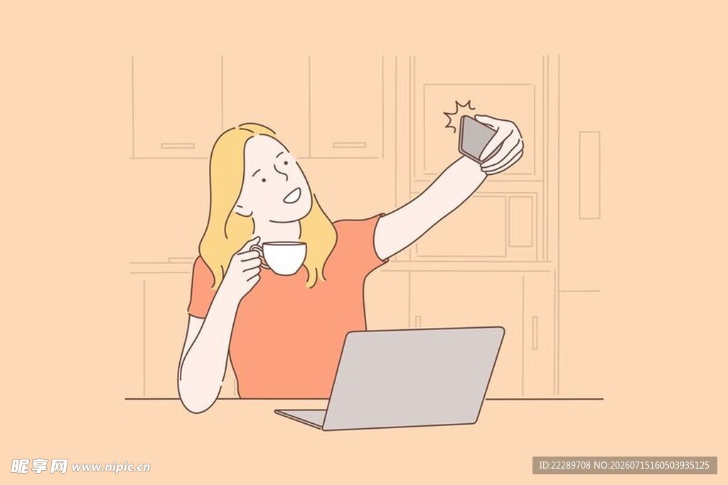 女子桌边举手机自拍