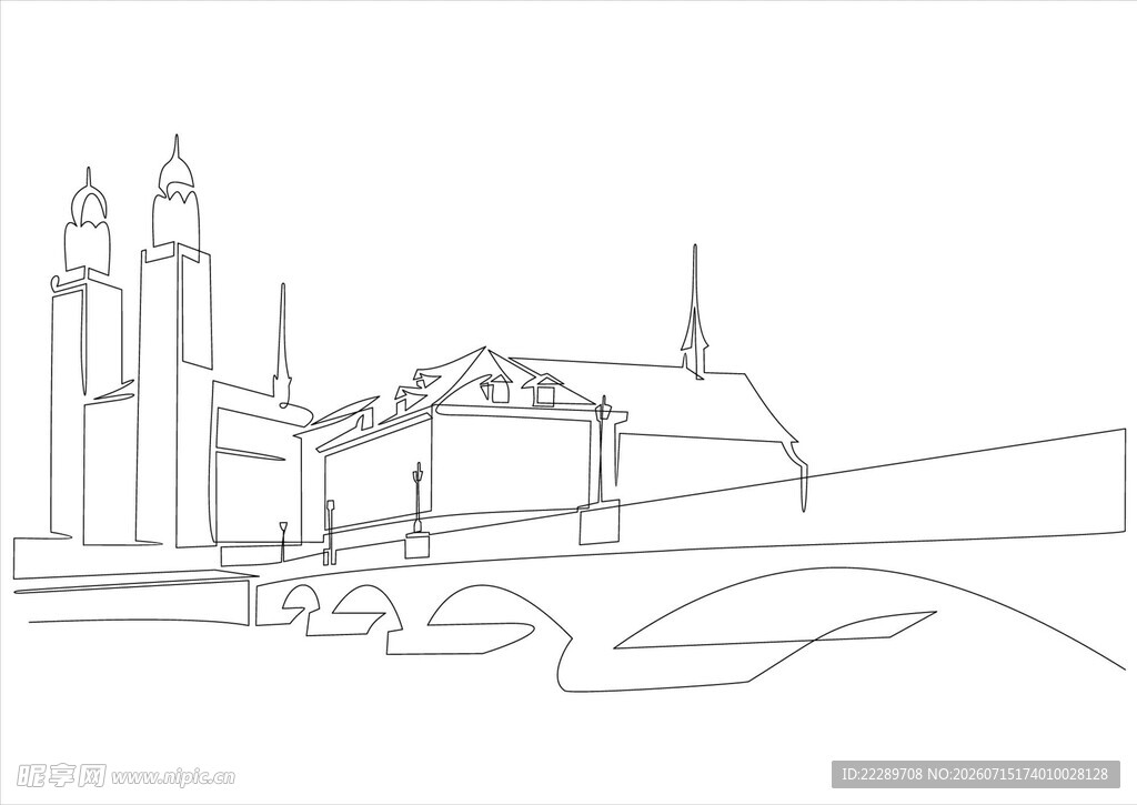 城市建筑线条轮廓素描图