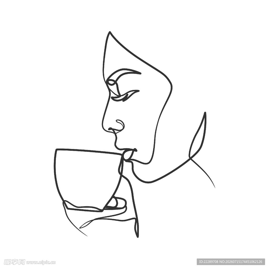 线条勾勒的人物饮茶瞬间