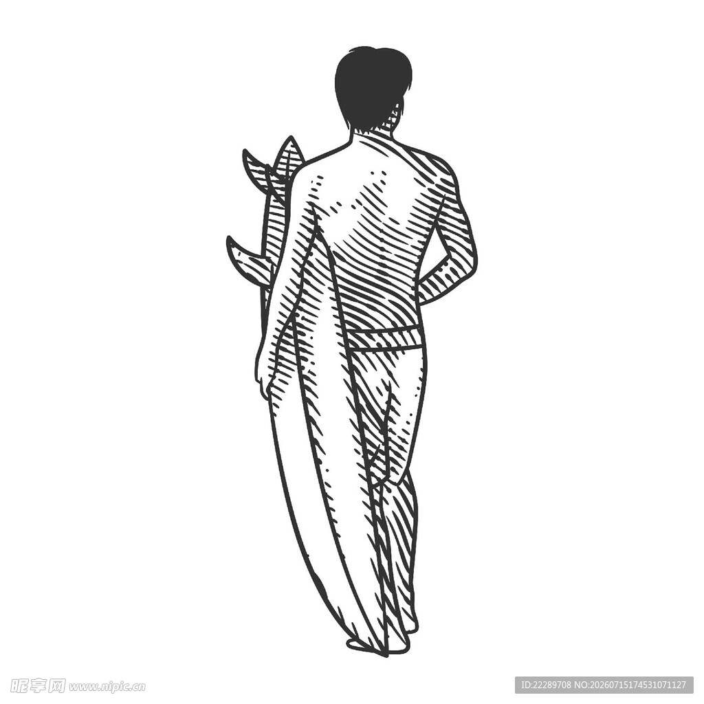 男子手持冲浪板背影