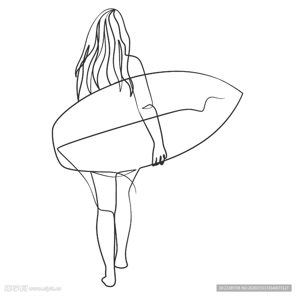 女子持冲浪板背影线条画