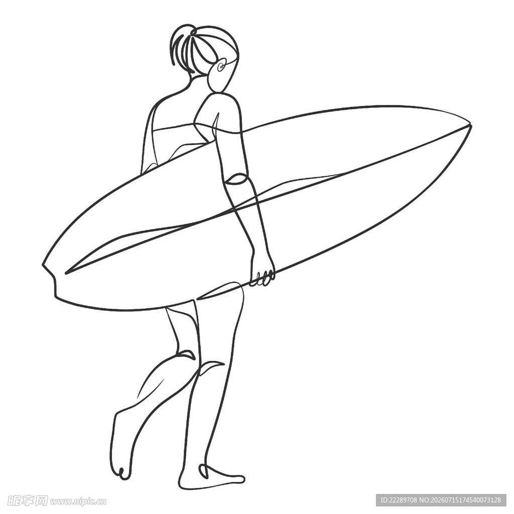 手持冲浪板的人物线条画