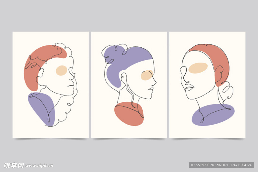 三幅简约风格人物头像画