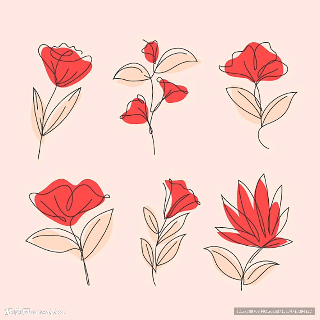手绘红色花卉图案集合