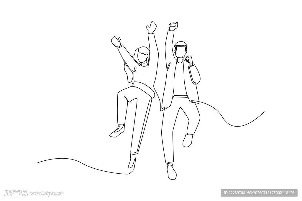 两人携手欢呼的线条插画
