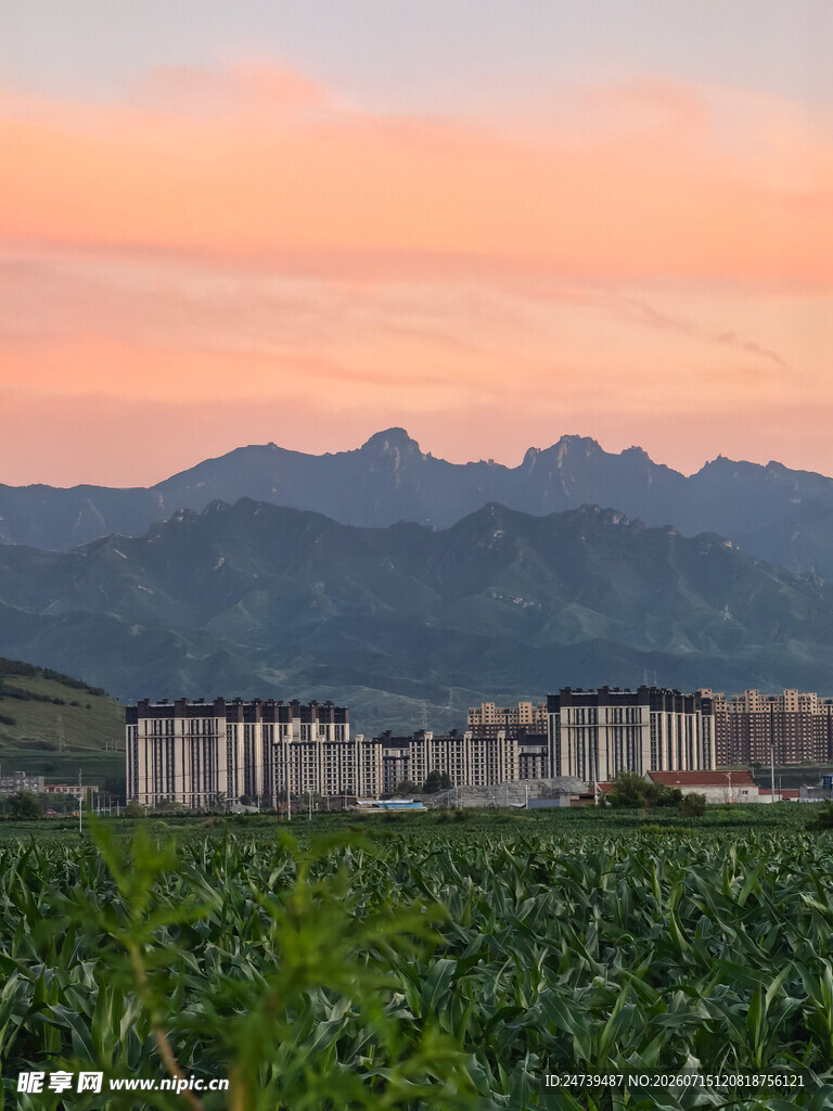田园旁的城市建筑群