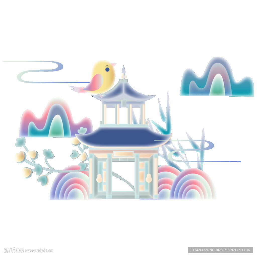 中式古风亭台楼阁插画
