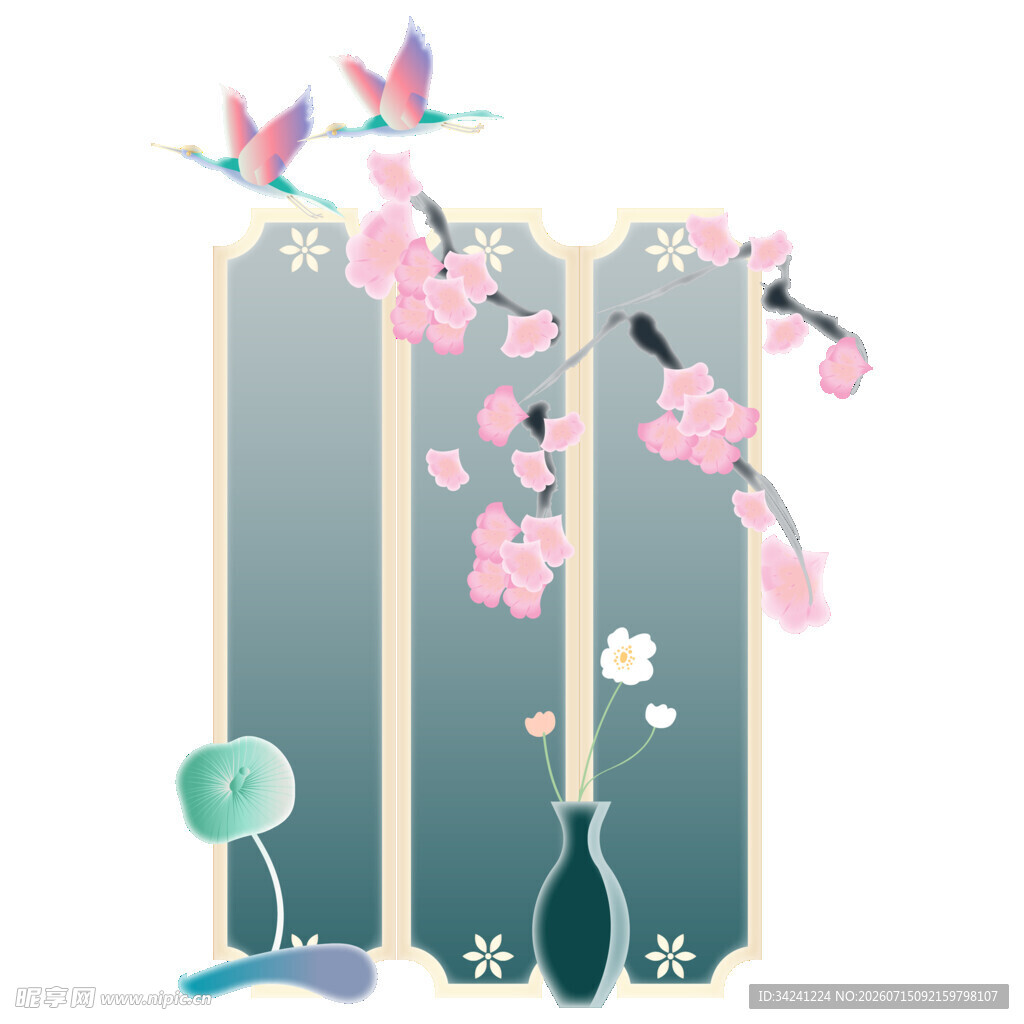 中式屏风花鸟装饰画