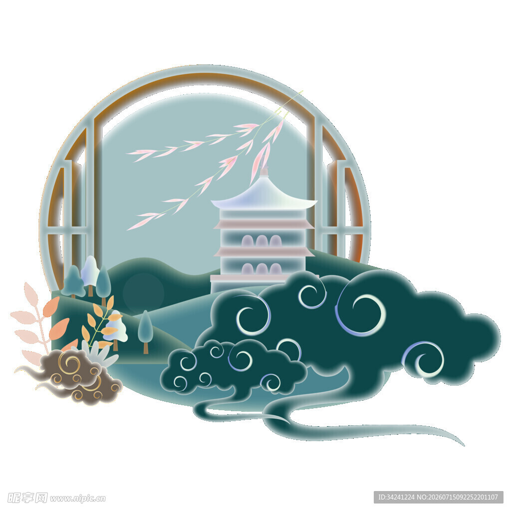 中式山水楼阁插画意境美
