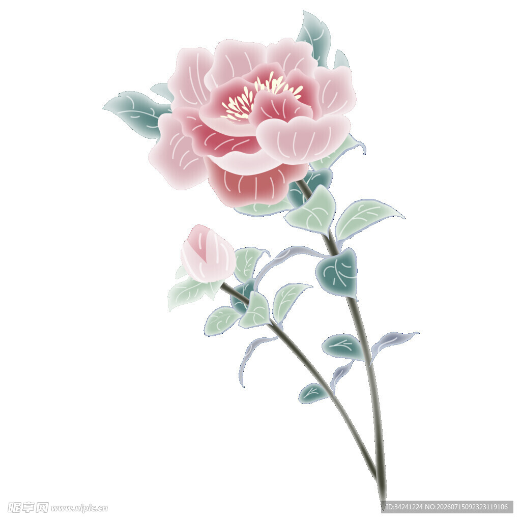 手绘粉色花卉花枝图案
