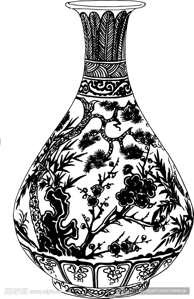 古典花纹花瓶黑白图案