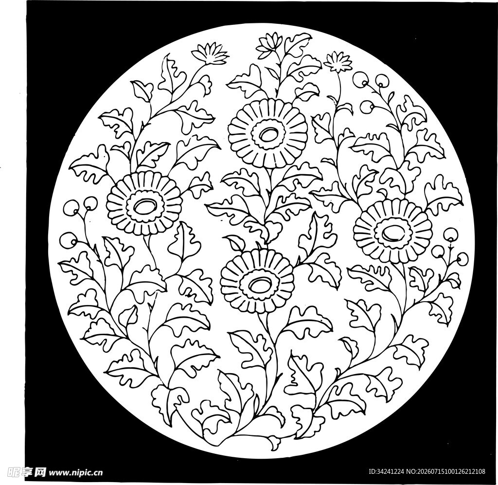 圆形花卉黑白线描图案