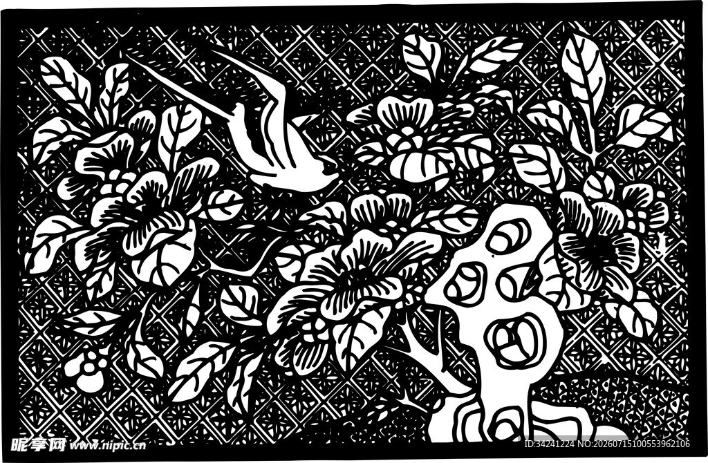 黑白花鸟植物图案插画