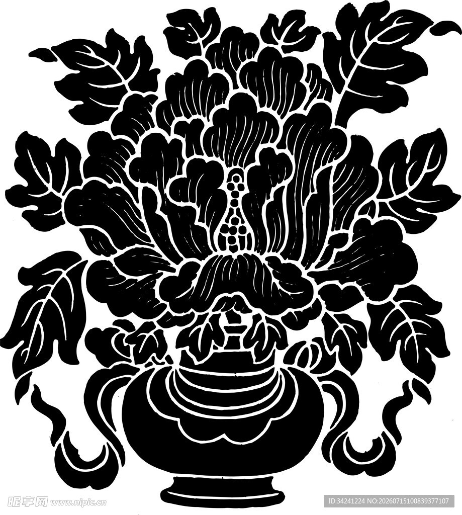 中式花瓶牡丹图案剪影
