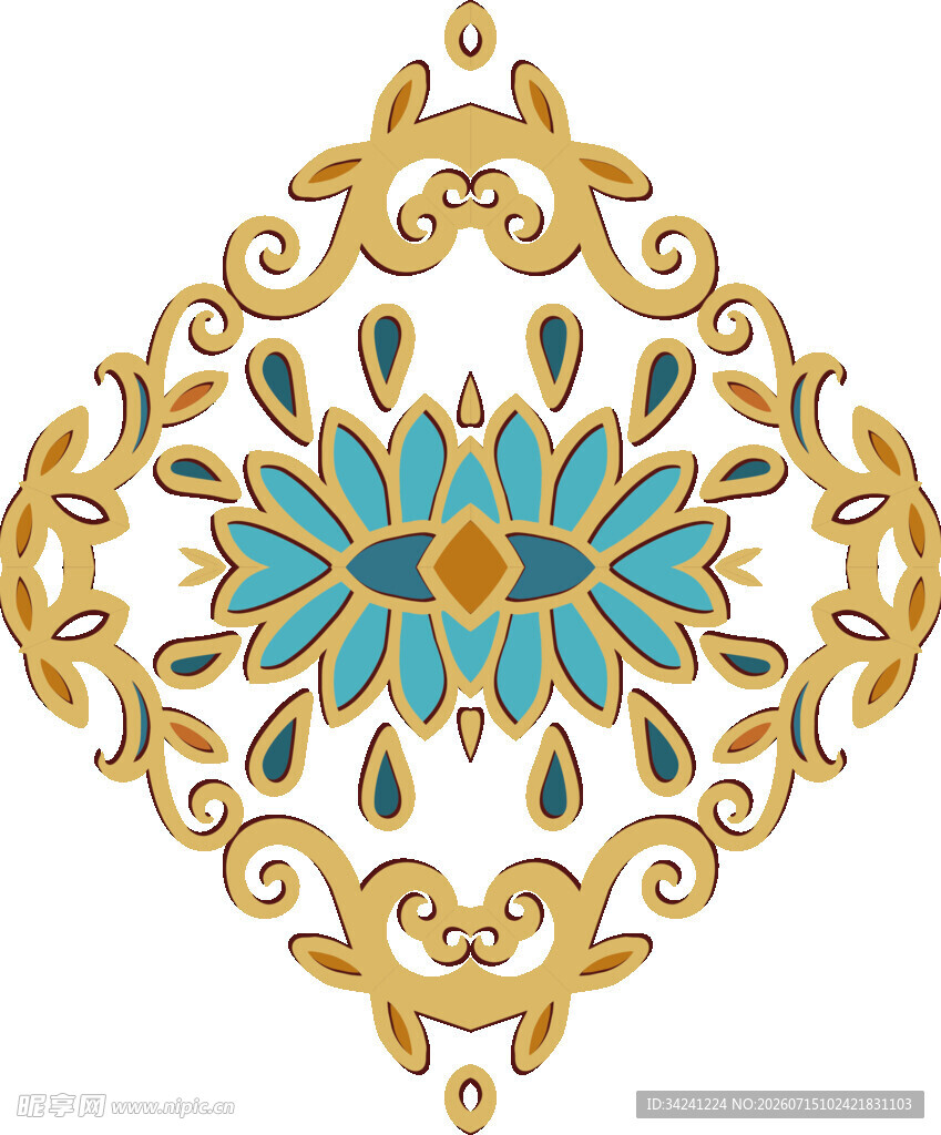 金色蓝花中式古典装饰图案
