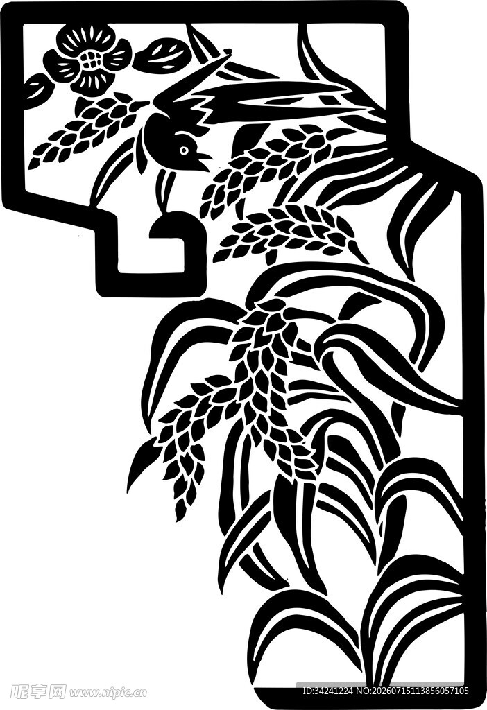 中式麦穗花卉镂空图案