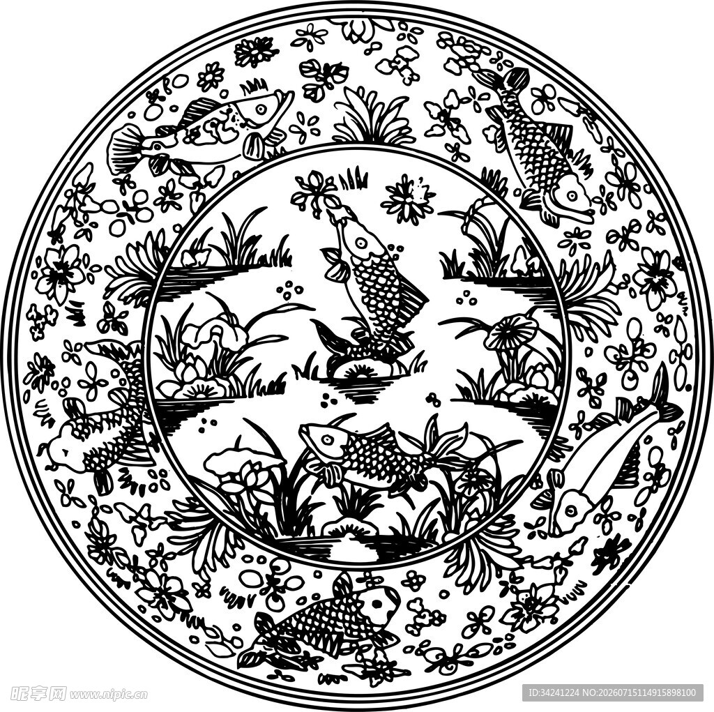 传统中式花鸟纹圆形图案