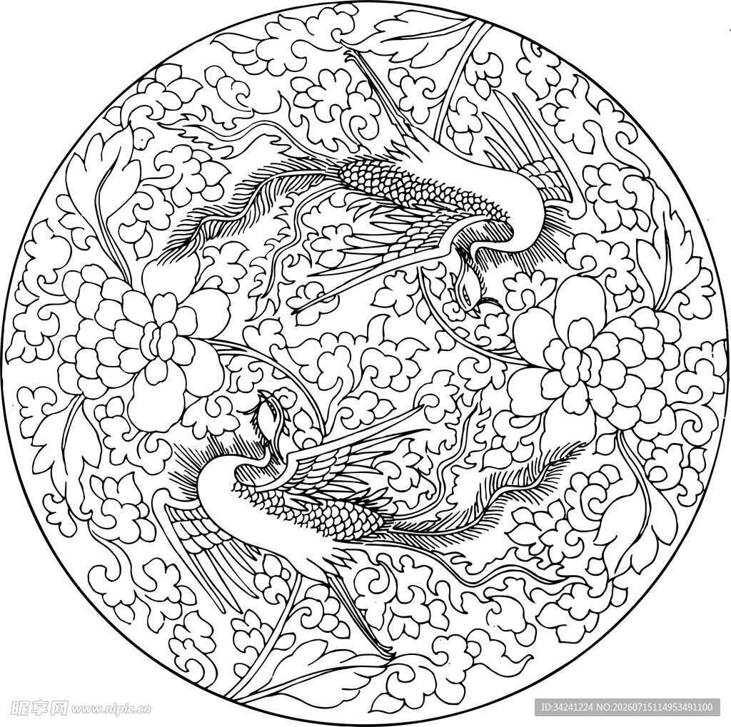 圆形双锦鲤花卉线描图案