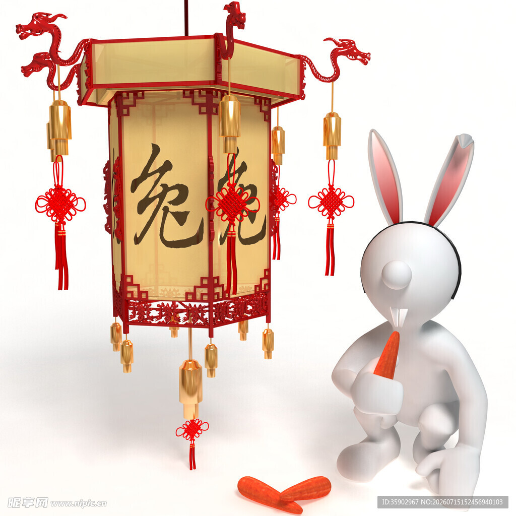 兔年灯笼前的可爱小人