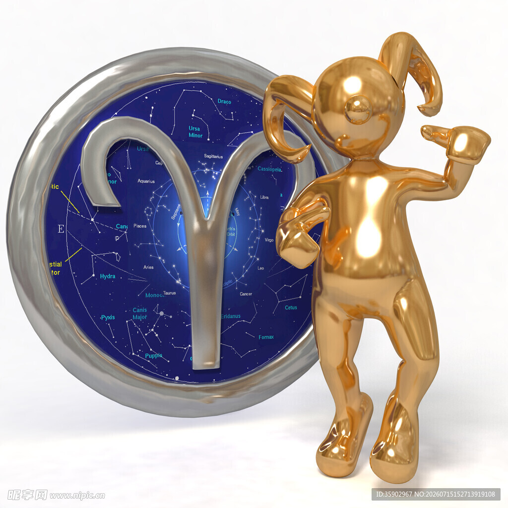 白羊座金色雕塑与星座符号