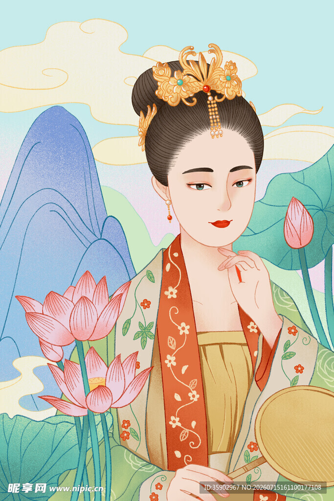 古风佳人持扇赏荷图