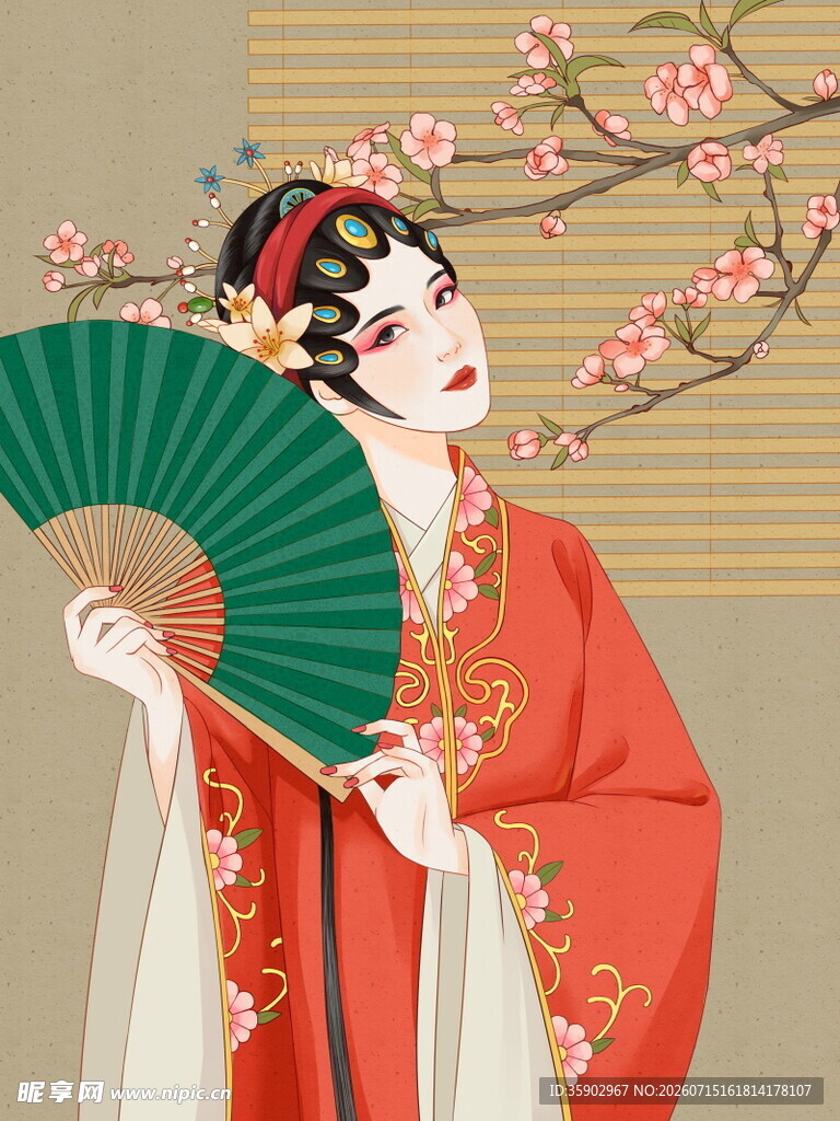 古典美人持扇倚花枝