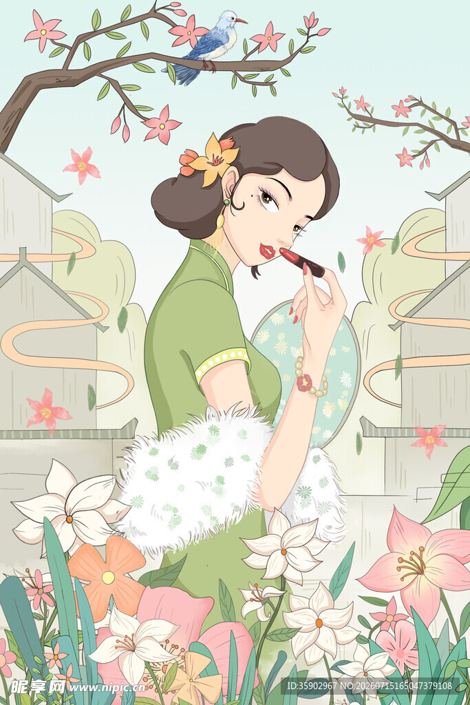 春日女子花丛间优雅品茶