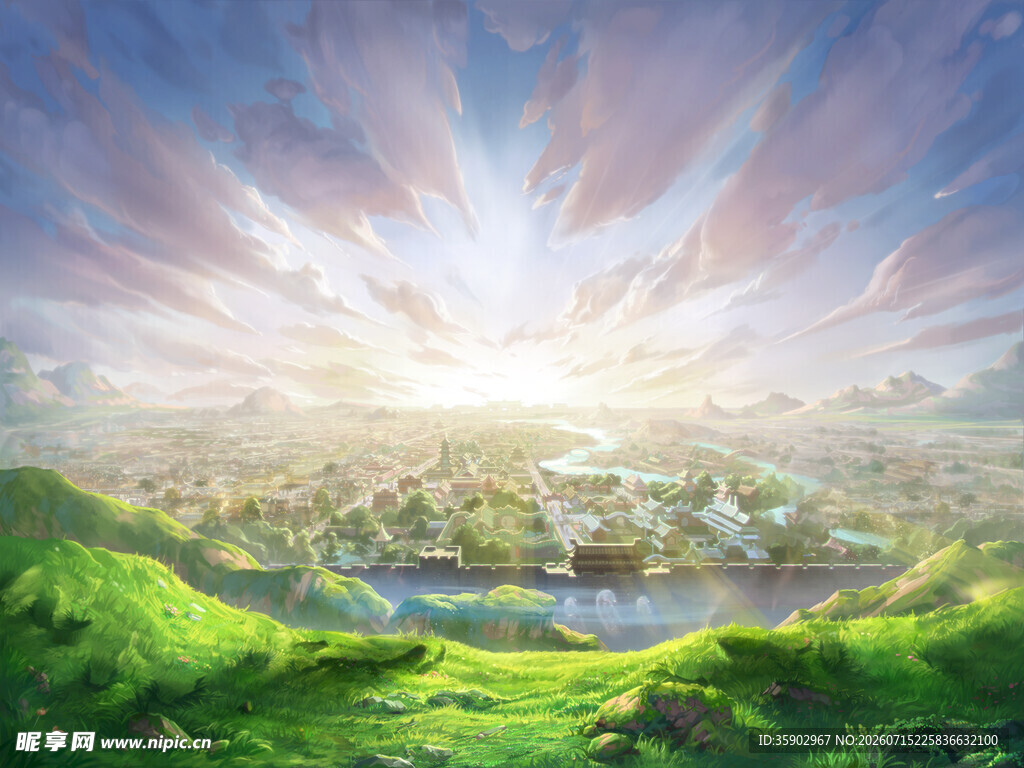 梦幻绿野中的璀璨城市景观