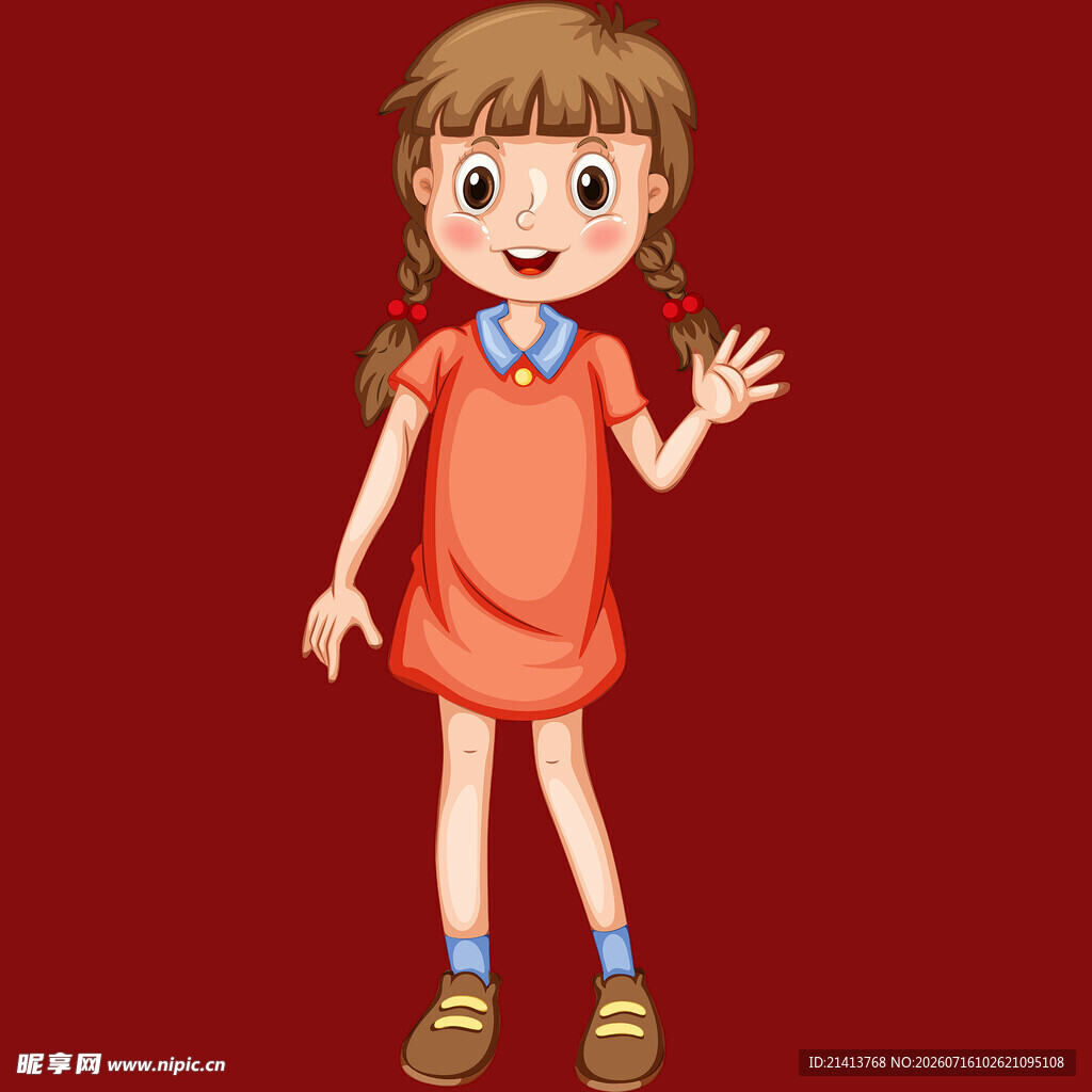 穿红衣挥手的可爱小女孩