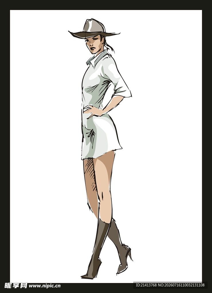 戴帽女士时尚穿搭素描