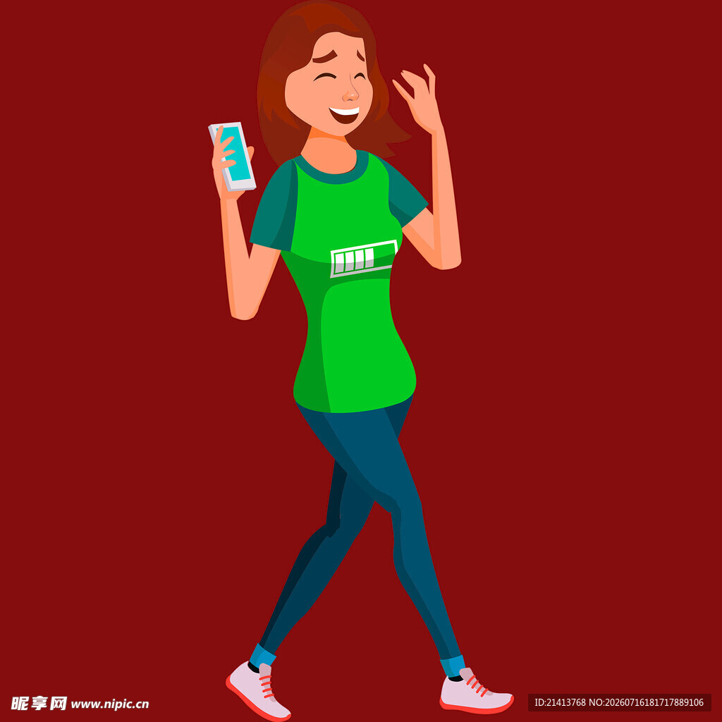 女孩手持手机开心行走