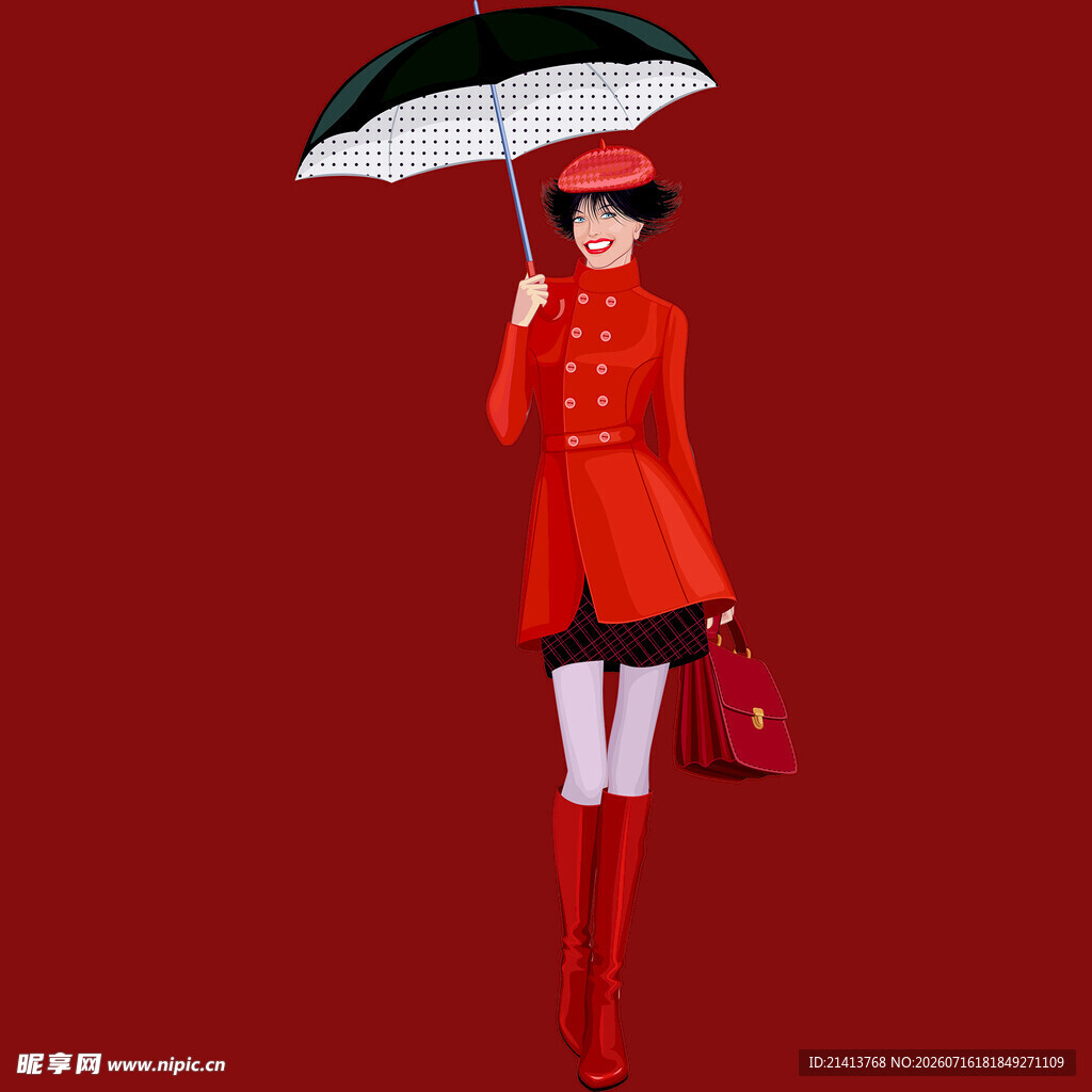 红衣女子撑伞优雅造型