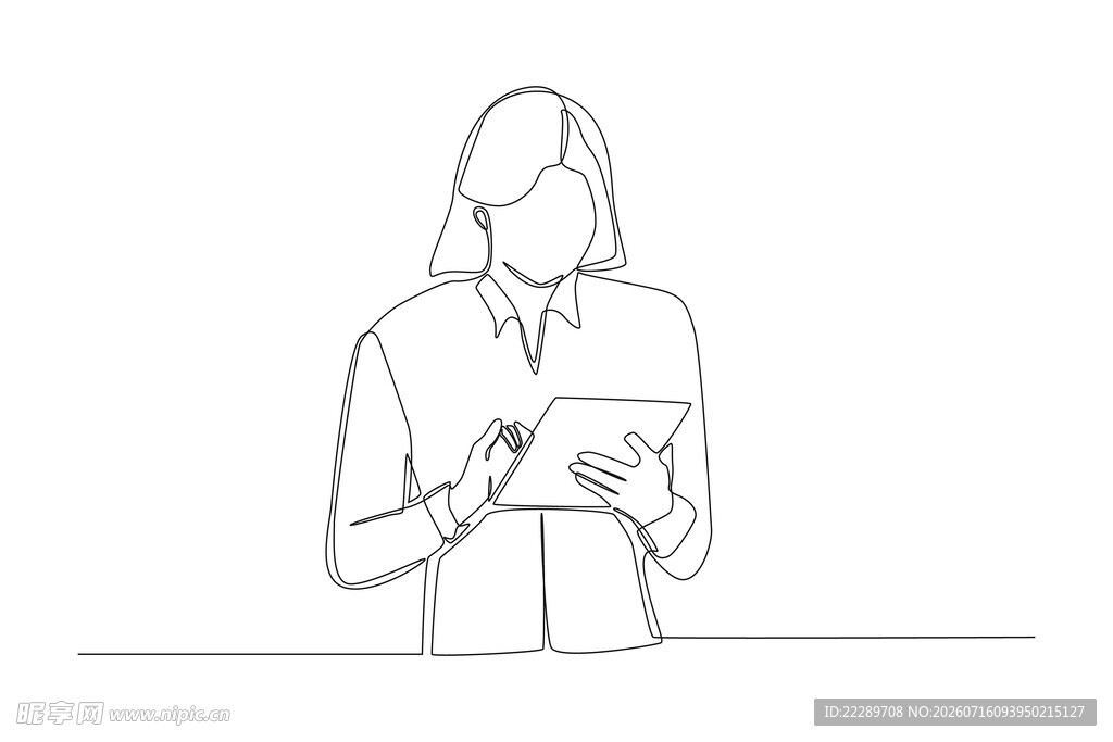 手持平板的简约人物线条画