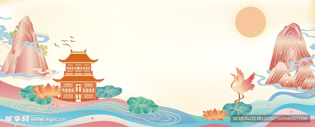 古风山水楼阁插画意境美