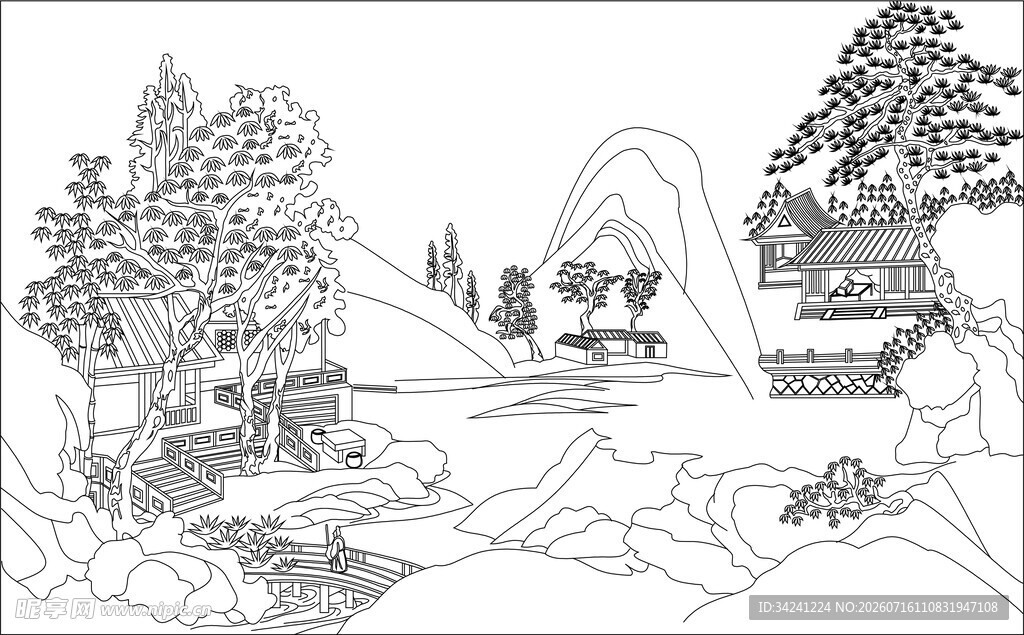 手绘山水风景小屋图