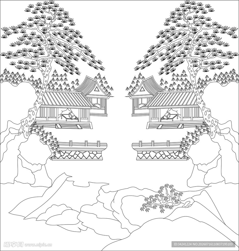 中式园林建筑线描图案