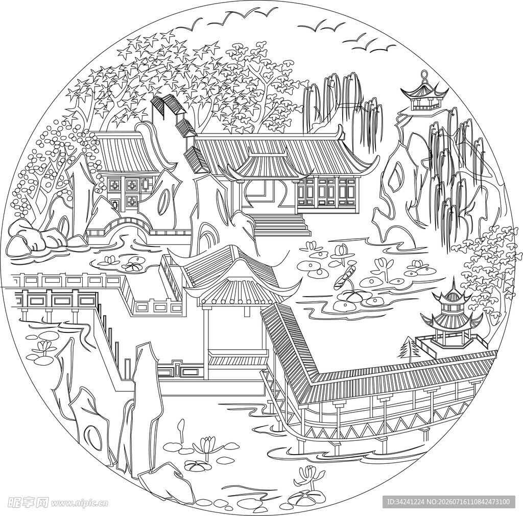 中式园林白描图