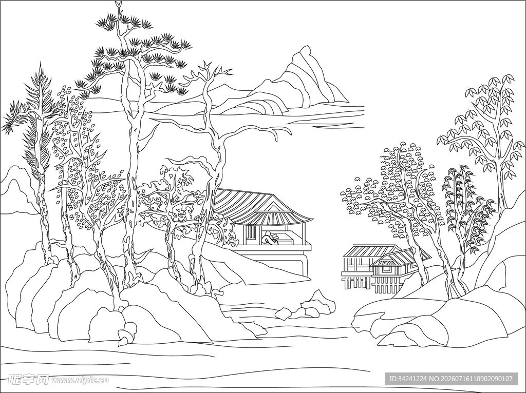 中式山水风景线稿图
