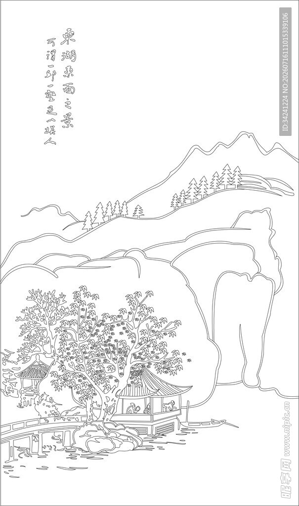 中式山水线描风景图