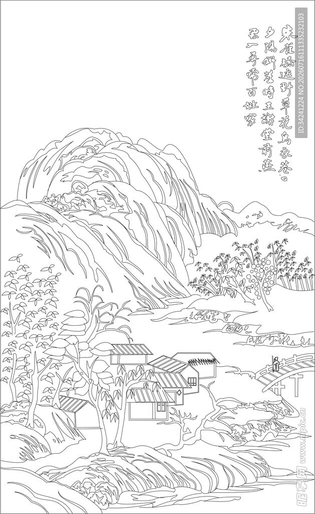 水墨山水线描图