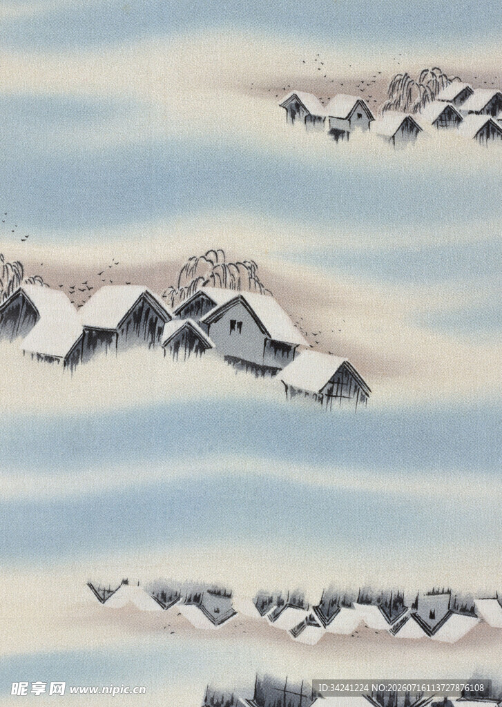 冬日雪景中的房屋与飞鸟