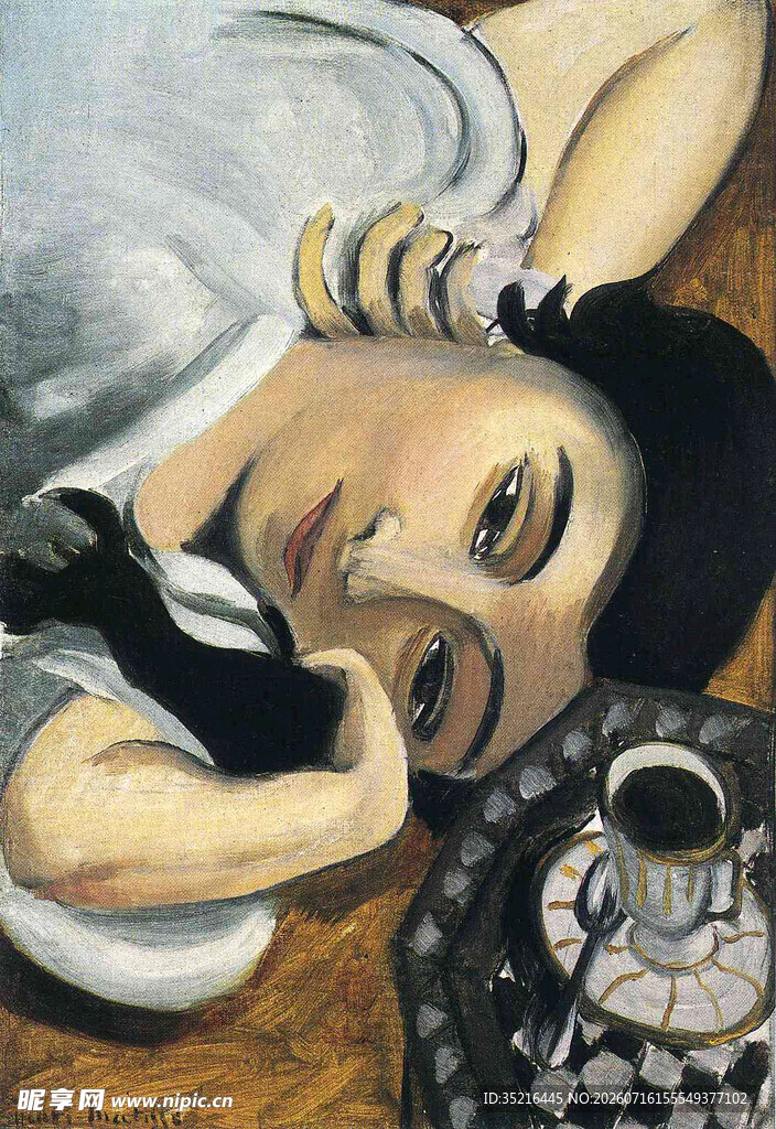 侧卧女子与茶具静物画