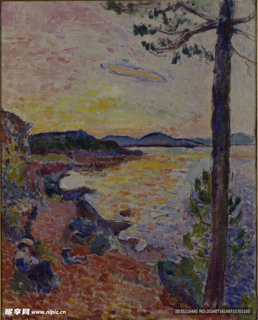 黄昏海边风景油画