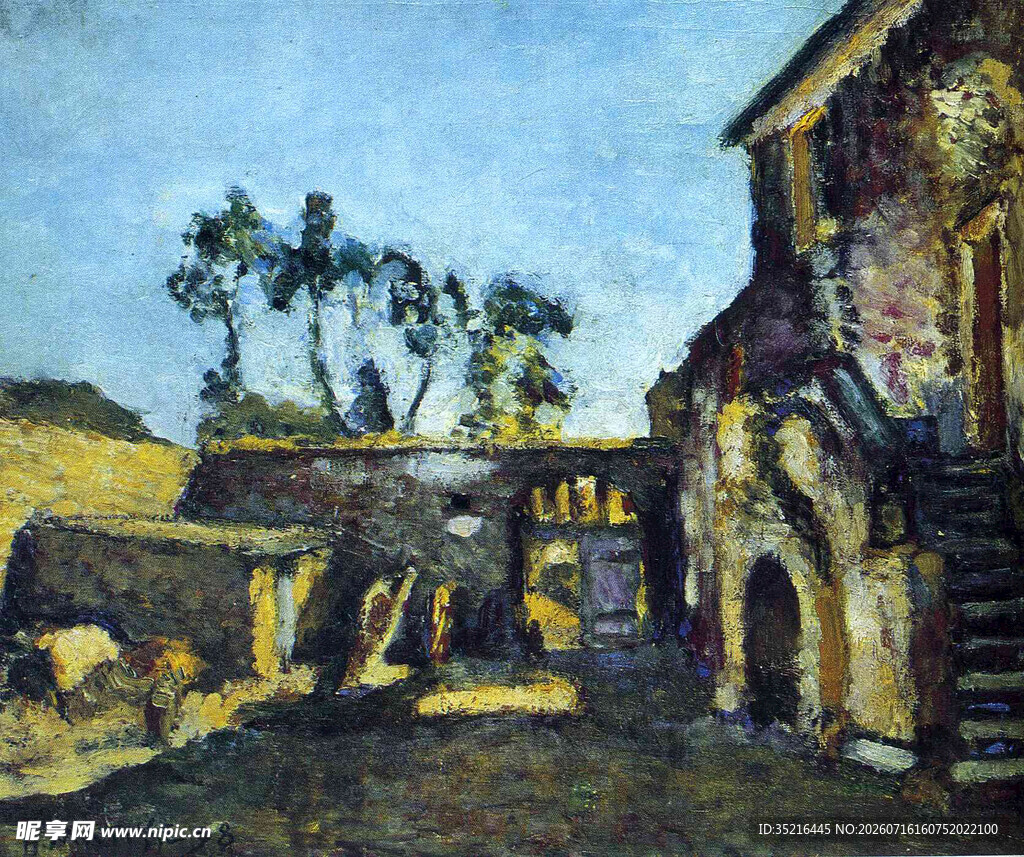 乡村风景油画中的静谧建筑