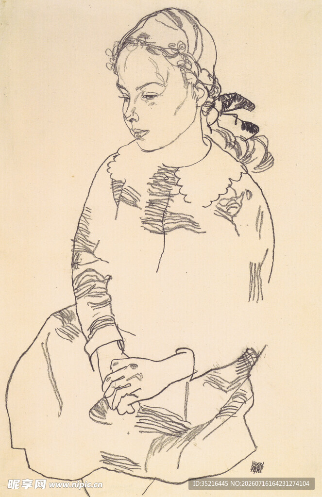 女子坐姿线描画像
