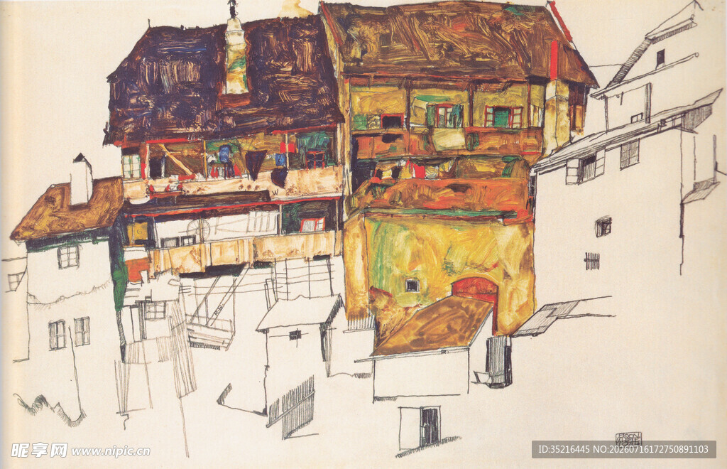 色彩斑斓的山间房屋画作