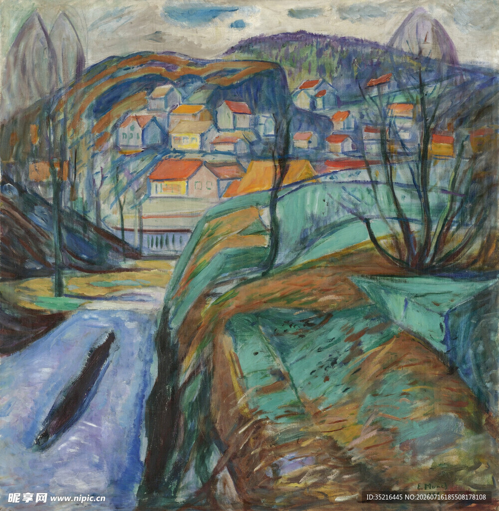 河畔多彩风景油画